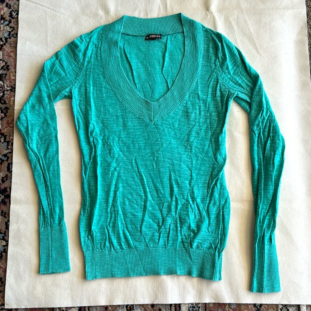 Express Womens Deep Vneck Tunic Aqua Green Sweater Size Small